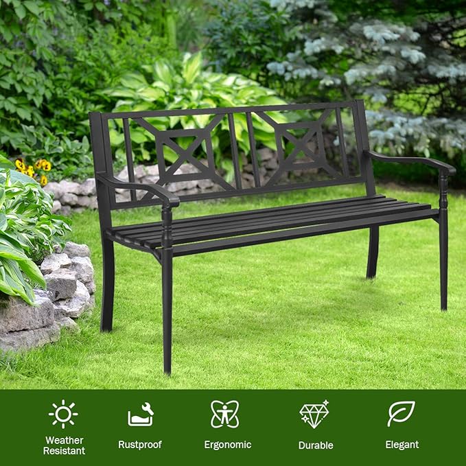 S AFSTAR Outdoor Garden Bench, Metal Porch Bench Seat with Slated Seat & Decorative Backrest - Photo 8