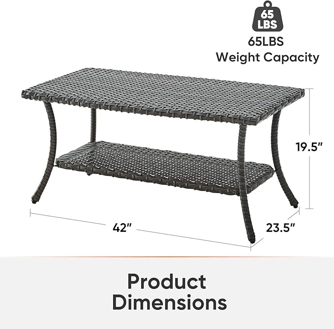 Wicker Outdoor Coffee Table,Rattan Outdoor Coffee Table with 2-Layer Storage Furniture Tables for Garden,Porch,Backyard