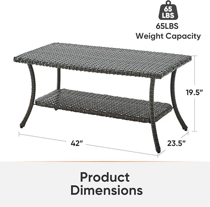 Wicker Outdoor Coffee Table,Rattan Outdoor Coffee Table with 2-Layer Storage Furniture Tables for Garden,Porch,Backyard