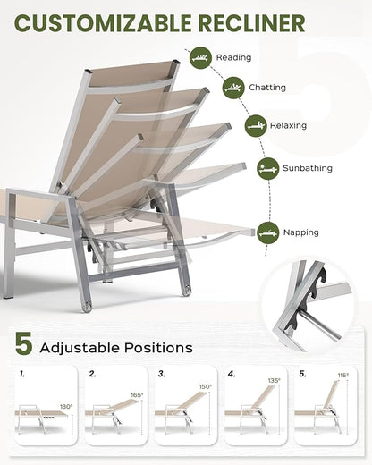 Patio Chaise Lounge Chair Outdoor with Wheels&Armrests, Aluminum Pool Lounge Chairs 5-Position Adjustable Recliner, Outdoor Beach Lounge Chairs for Poolside, Patio, Deck, Yard, Khaki