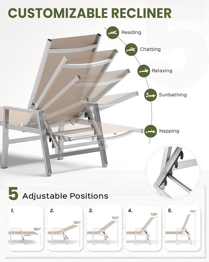 Patio Chaise Lounge Chair Outdoor with Wheels&Armrests, Aluminum Pool Lounge Chairs Five-Position Adjustable Recliner with Side Table, Outdoor Beach Lounge Chairs for Poolside, Deck, Garden, Khaki