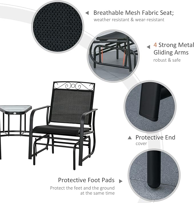 Outsunny Outdoor Glider Chairs with Coffee Table, Patio 2-Seat Rocking Chair Swing with Breathable Sling for Backyard, Garden and Porch, Black