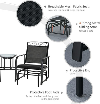 Outsunny Outdoor Glider Chairs with Coffee Table, Patio 2-Seat Rocking Chair Swing with Breathable Sling for Backyard, Garden and Porch, Black