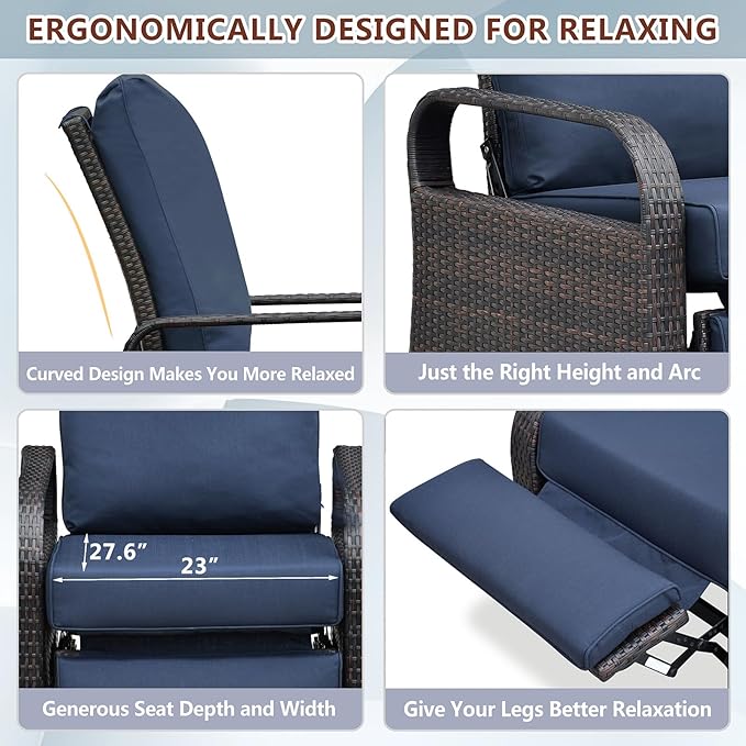 ATR ART TO REAL Outdoor Recliner, Set of 2 Wicker Reclining Chair with Coffee End Side Table, Aluminum Frame Patio Chaise Lounge Chairs with Thicken Cushions (Navy Blue)