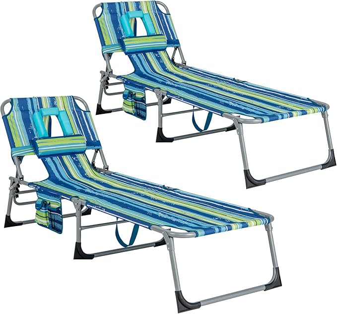 GYMAX Tanning Chair, Folding Beach Lounger with Face Arm Hole, Adjustable Backrest, Side Pocket & Carry Handle, Outside Sunbathing Lounge Chair for Patio, Poolside, Lawn (2, Blue Stripe)