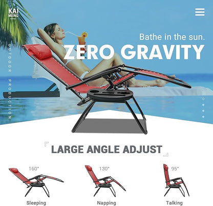 Kemon Zero Gravity Folding Lounge Outdoor Patio Adjustable Reclining Chair with Pillows and Cup Holders for Beach Set of 2, Red,KM-CRDVC