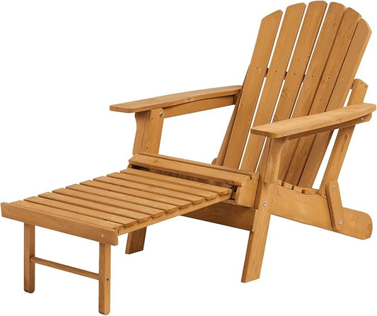 Oversized Folding Adirondack Chair with Retractable Ottoman - Solid Wood Outdoor Lounge Chair for Patio Garden Backyard Porch, Weather-Resistant & Pre-Assembled, Brown