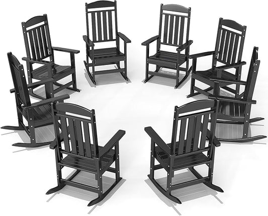 FOOWIN Outdoor Rocking Chair Set of 8, High Back Patio Rocking Chair, HDPE All Weather Resistant Porch Rocker for Adult, Oversized Rocking Chairs for Garden, Lawn, Indoor & Outdoor Use, Black