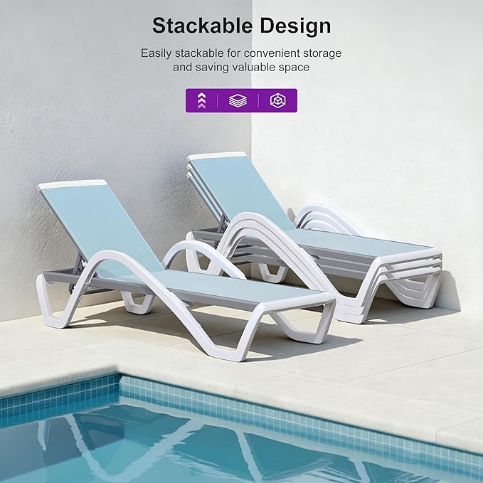 PURPLE LEAF Patio Chaise Lounge Chair Set Outside Aluminum Plastic Stackable Tanning Chairs with Armrests and Side Table for Pool Sunbathing Beach Deck Outdoor Lounger, Light Blue