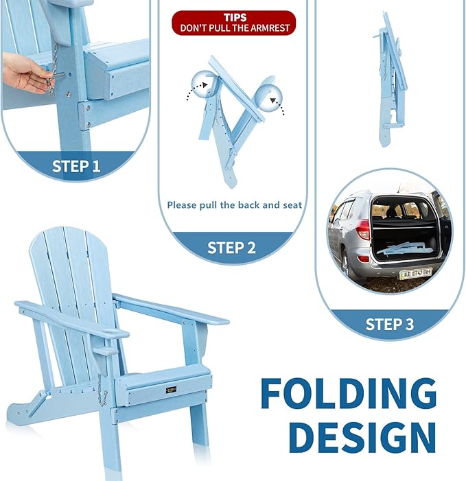 VINGLI Plastic Adirondack Chairs Set of 2 with Table, Folding with Cup Holder, Waterproof HDPE Material, 380lb Weight Capacity for Outdoor Pool Patio Lounge Chair Lawn Furniture Firepit (Blue)