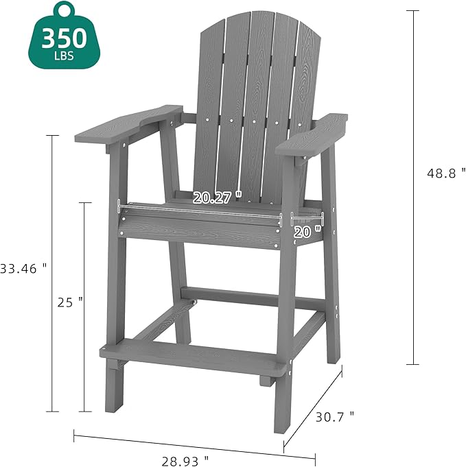 YITAHOME Tall Adirondack Chair Set of 4, Poly Bar Height Balcony Seating, HIPS High Back Outdoor Chairs, Bar Stools Lifeguard Chair for Balcony Deck Pool Patio, Grey