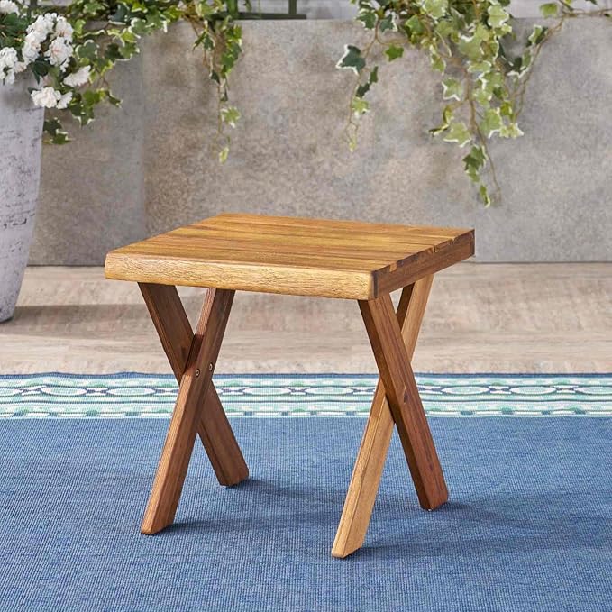 Rustic Wooden Side Table, Patio End Table with Slatted Top, Portable Small Square Outdoor Coffee Table for Garden, Balcony, or Living Room, Teak