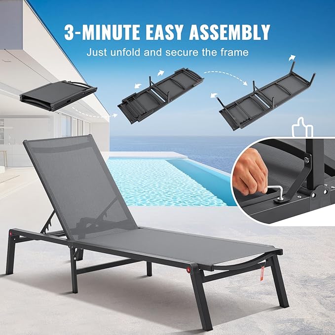 VEVOR 2 Pcs Chaise Lounge Chairs Outdoor, Aluminum Patio Lounge Chair with Adjustable 5-Position - Photo 7