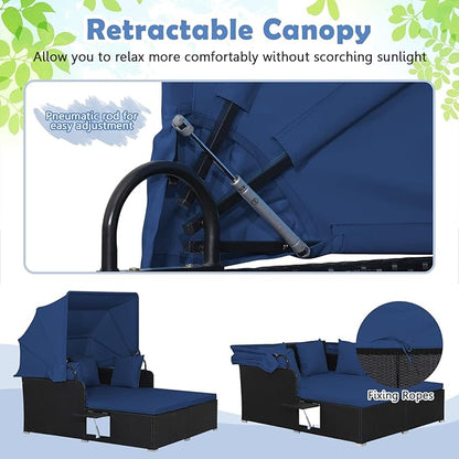 LDAILY Moccha Outdoor Daybed with Retractable Canopy, Wicker Cabana with 2 Side Tables & Soft Cushions,Hand-Woven PE Rattan Bed Lounger, Patio Sectional Furniture Set for Garden Backyard Porch (Navy)