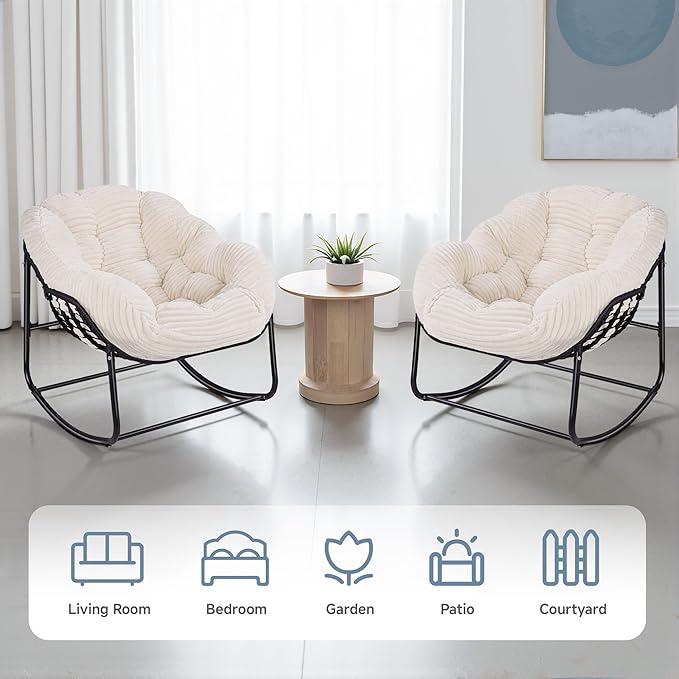 Indoor Rocking Chair, Oversized Outdoor Lounge Chair with Thick Corduroy Cushion & Straps, Wicker Modern Comfy Rocker Egg Chair for Living Room, Bedroom, Porch and Courtyard, Beige