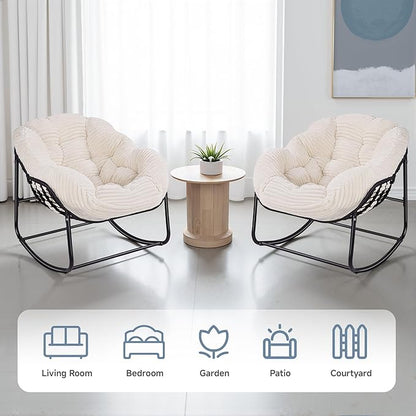 Indoor Rocking Chair, Oversized Outdoor Lounge Chair with Thick Corduroy Cushion & Straps, Wicker Modern Comfy Rocker Egg Chair for Living Room, Bedroom, Porch and Courtyard, Beige