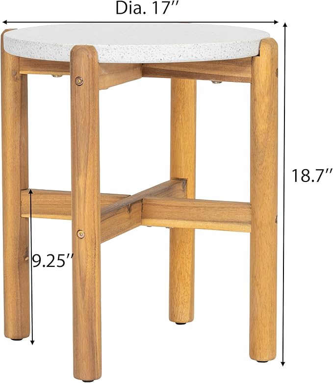 Christopher Knight Home Seeley Patio Acacia Wood Coffee Table, Indoor/Outdoor Table for Garden/Backyard/Poolside/Balcony Cafeteria, Lightweight Concrete Round Top Outdoor Side Table, Milky White+Teak