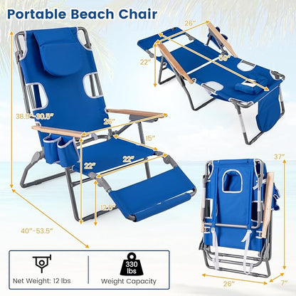 Goplus 3-in-1 Foldable Beach Chair, Lay-Flat Tanning Chair with Face and Arm Holes, Footrest, 330 lbs Heavy-Duty Portable Reclining Lounge Chairs for Outside, Camping, Patio, Poolside, Lawn (1,Navy)