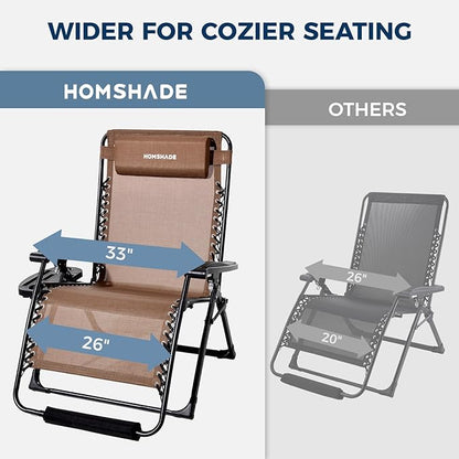 HOMSHADE XXL Zero Gravity Chair with Cushion, 33In Oversized Zero Gravity Lounge Chair, Patio Outdoor Recliner Chair for Indoor Outdoor with Headrest, Cup Holder, Footrest Support 500Lbs, Brown