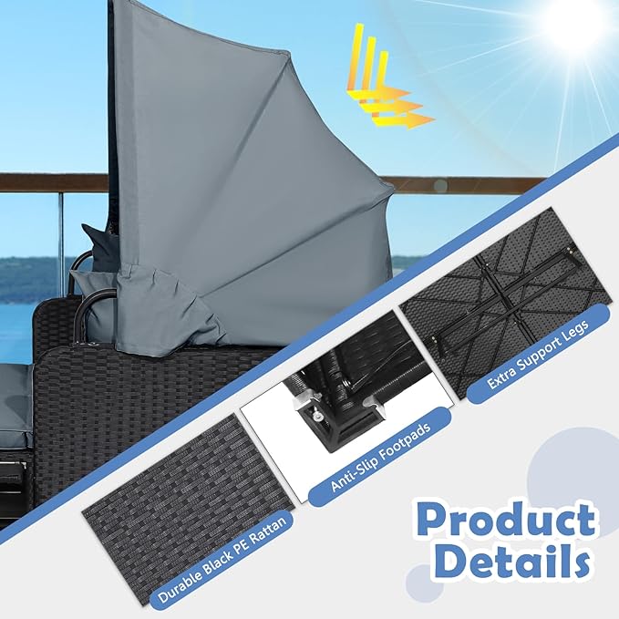 LDAILY Moccha Outdoor Daybed with Retractable Canopy, Wicker Cabana with 2 Side Tables & Soft Cushions,Hand-Woven PE Rattan Bed Lounger, Patio Sectional Furniture Set for Garden Backyard Porch (Grey)