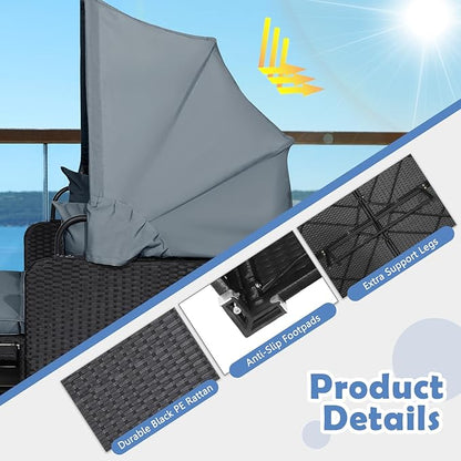 LDAILY Moccha Outdoor Daybed with Retractable Canopy, Wicker Cabana with 2 Side Tables & Soft Cushions,Hand-Woven PE Rattan Bed Lounger, Patio Sectional Furniture Set for Garden Backyard Porch (Grey)