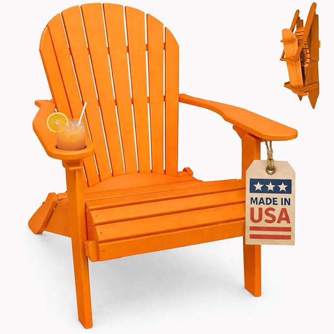 Ecommersify Folding Adirondack Chair with Cup Holder - (Bright Orange) - Heavy Duty Recycled Poly Lumber Folding Chair - Amish Crafted Outdoor Furniture - Made in USA
