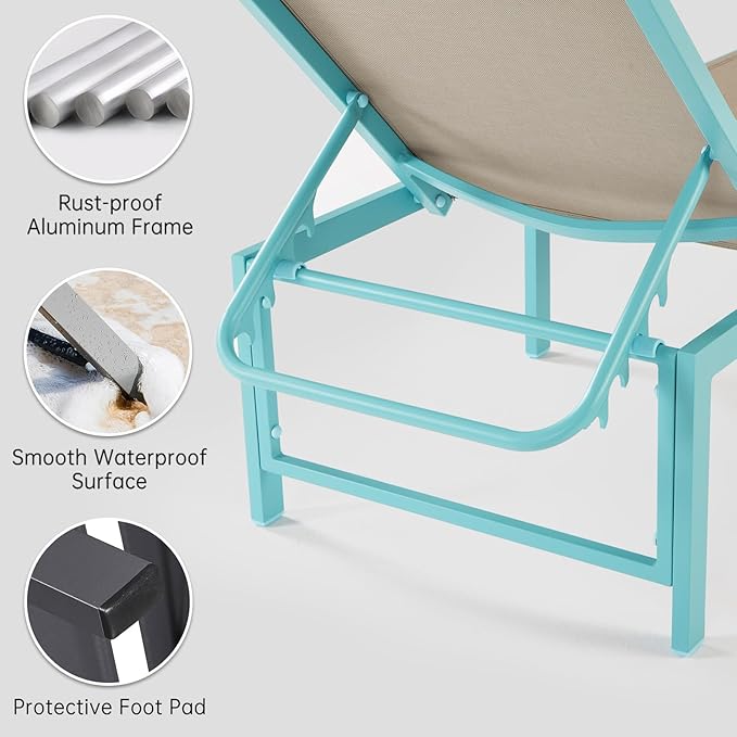 Lounge Chair Outdoor Set of 2, Foldable & Assembly Free Aluminum Chaise Lounge Chair with 5-Position Recliner, Pool Lounge Chairs for Outside Poolside Beach Lawn (Blue)