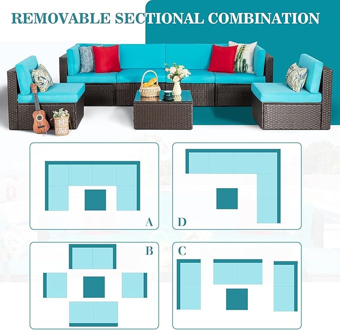Vongrasig 7 Pieces Patio Furniture Sets, Outdoor All-Weather Wicker Patio Conversation Sets - Photo 4