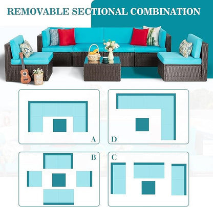 Vongrasig 7 Pieces Patio Furniture Sets, Outdoor All-Weather Wicker Patio Conversation Sets, L-Shaped Rattan Sectional Patio Sofa with Glass Table for Backyard, Blue
