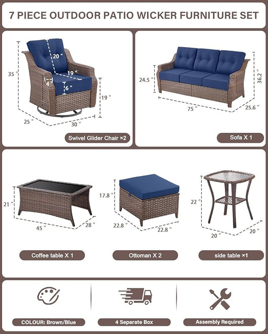 Belord 7 Piece Patio Furniture Set - High Back Swivel Rocker Glider Outdoor Chairs with 3-Seat Sofa and Ottoman, All-Weather Removable 6" Blue Cushion for Patio Conversation and Family Reunion