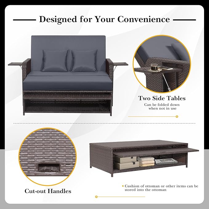 COSTWAY Patio Rattan Daybed with Cushions, Outdoor Wicker Loveseat Sofa with Storage Ottoman - Photo 6