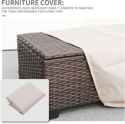 Rattaner Outdoor Table Patio Furniture All-Weather Patio Table Wicker Coffee Table with Storage and Furniture Cover, Dark Brown