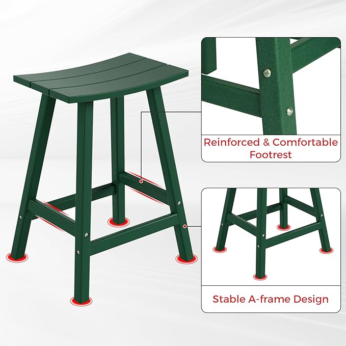 Costaelm All-Weather Bar Stools Set of 3, 24" Height Outdoor Bar Stools, Adirondack Poly Patio Bar Stool for Patio, Deck, Kitchen Counter and Garden, Dark Green