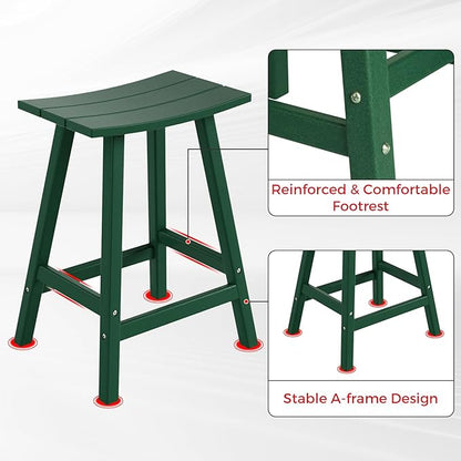 Costaelm All-Weather Bar Stools Set of 3, 24" Height Outdoor Bar Stools, Adirondack Poly Patio Bar Stool for Patio, Deck, Kitchen Counter and Garden, Dark Green