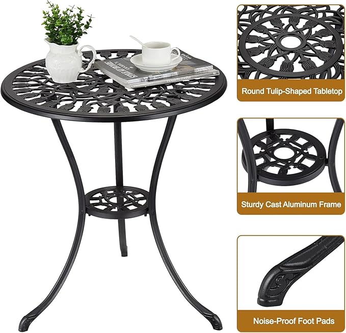 23.5 Inch Small Round Patio Bistro Table, Weatherproof Outdoor Coffee Table with Umbrella Hole & Vintage Floral Pattern - Photo 4