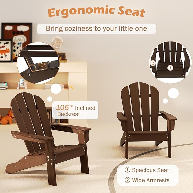 Costzon Adirondack Chair Set of 2, All-Weather HDPE Patio Chair with Armrests, Fire Pit Chair for Ages 3-8, Outdoor Patio Lounge Chair for Garden, Lawn, Backyard (Brown)