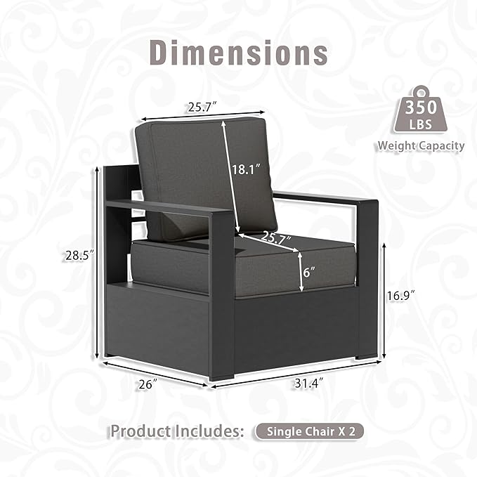 Outdoor Aluminum Furniture Set, 3-Piece Patio Conversation Set, 2 Chairs and 1 Sofa, All-Weather Metal Frame, 6" Thick Removable Cushions, Deep Setting for Garden, Poolside and Porch