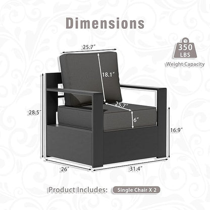 Outdoor Aluminum Furniture Set, 3-Piece Patio Conversation Set, 2 Chairs and 1 Sofa, All-Weather Metal Frame, 6" Thick Removable Cushions, Deep Setting for Garden, Poolside and Porch