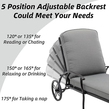 Chaise Lounge Outdoor Chair with Wheels, Adjustable Reclining Rust-Resistant Aluminum Cast Poolside Chaise Lounge Furniture with Waterproof Grey Cushion (1pc)