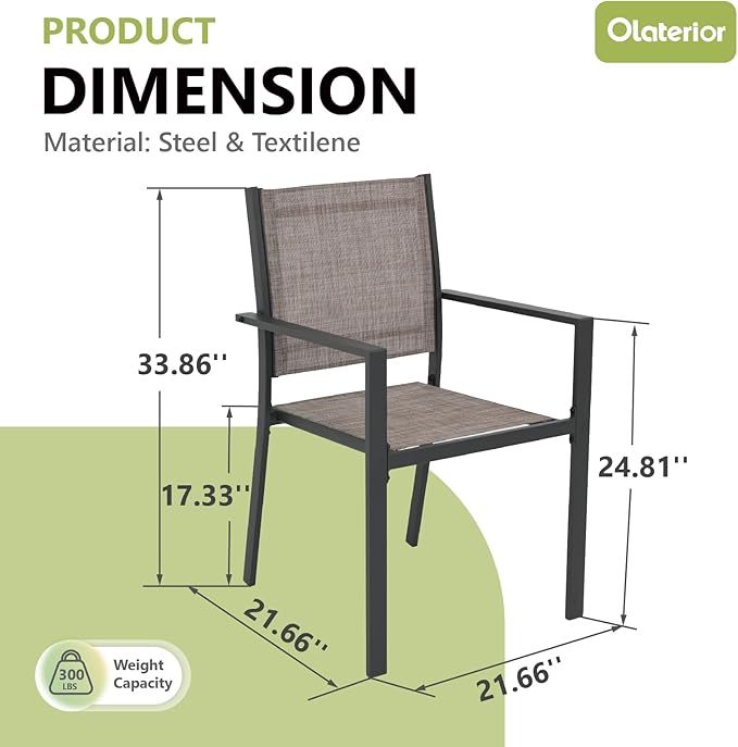 Patio Dining Chairs, All-Weather Textilene Outdoor Dining Chair Set of 4, Heavy-Duty Stackable Minimalist Outdoor Chairs with Armrest, Patio Chairs for Lawn Deck Pool, Brown