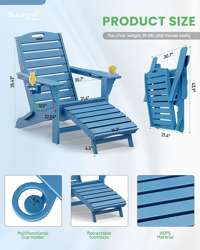 Folding Adirondack Chair with Retractable Ottoman Weather Resistant Fire Pit Chair Patio Chair with 2 Cup Holder Lawn - Photo 4