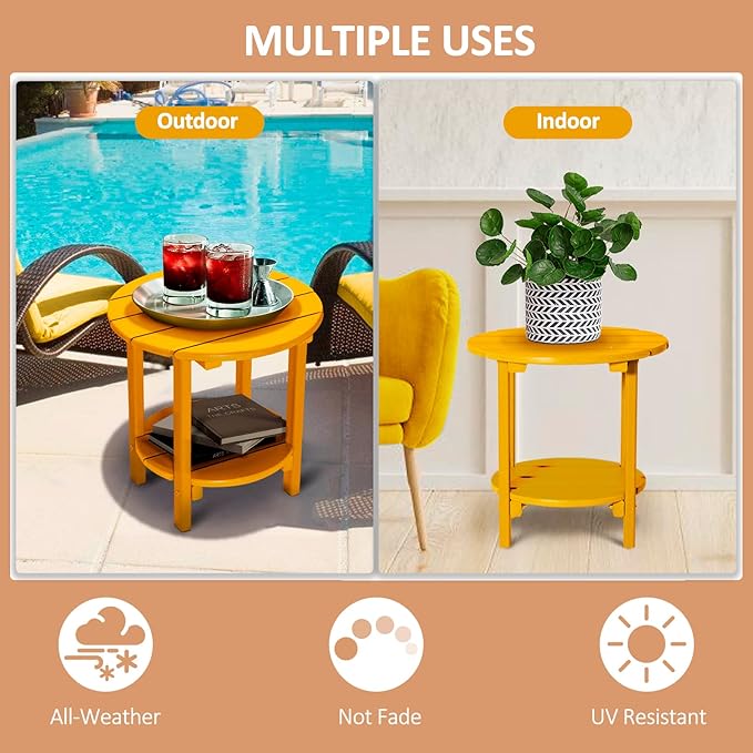 Round Adirondack Outdoor Side Table, 17.7" Small Patio End Table, 2-Tier HDPE Plastic Table for Poolside Porch Garden, Weather Resistant & Easy Assembly (Tangerine, Round)