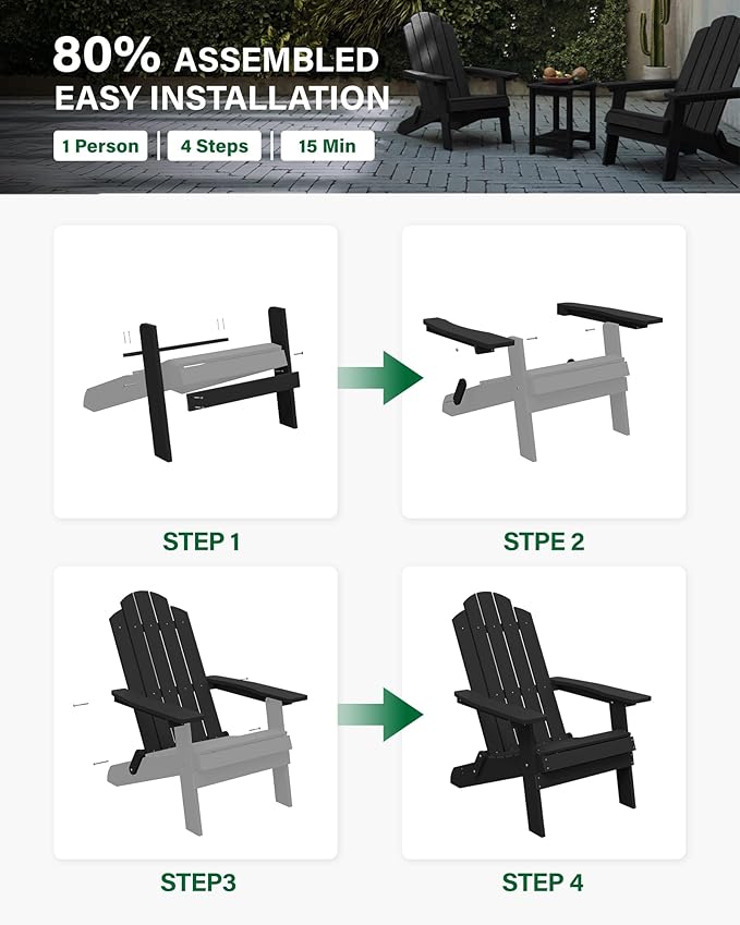 MXIMU Folding Adirondack Chair for Outdoor: Easy to Assemble and Comfortable Adirondack Chairs Set of 6 - All Weather Composite Plastic Chair for Outside Fire Pit Patio Lawn Garden Backyard Use(Black)