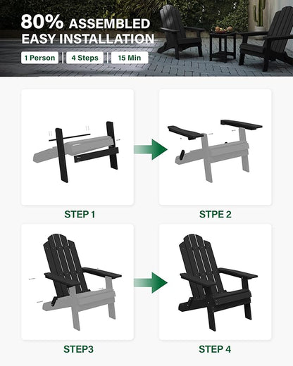 MXIMU Folding Adirondack Chair for Outdoor: Easy to Assemble and Comfortable Adirondack Chairs Set of 8 - All Weather Composite Plastic Chair for Outside Fire Pit Patio Lawn Garden Backyard Use(Black)