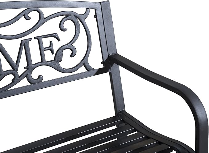 50" Outdoor Welcome Bench, Metal Garden Bench with Slatted Seat, Patio Bench with Backrest and Armrests for Park, Porch, Yard, Lawn, Black