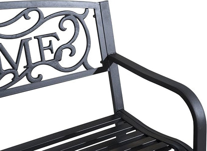 50" Outdoor Welcome Bench, Metal Garden Bench with Slatted Seat, Patio Bench with Backrest and Armrests for Park, Porch, Yard, Lawn, Black