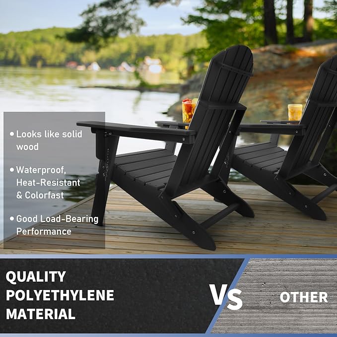 FUNBERRY Folding Adirondack Chairs Set of 2 with Adjustable Backrest, HDPE All Weather Fire Pit Chairs with Cup Holder