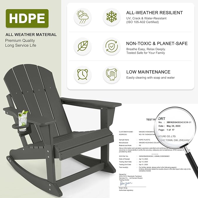 Outdoor Rocking Chair Set of 4, HDPE Poly All-Weather Patio Rocking Chairs with Cup Holder for Adults, Porch Rocker for Deck Patio Balcony, 440lbs, Dark Gray