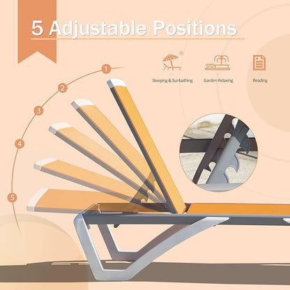 Domi Outdoor Chaise Lounge Chair, Aluminum Patio Lounge Chair with 5 Position Adjustable Backrest and Side Table, for Poolside, Beach, Yard(1 Orange Chair W/Table)