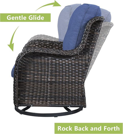 Rilyson Patio Furniture Swivel Chairs Set - 5 PC Wicker Rattan Outdoor Sectional Conversation Sets with 2 Swivel Rocking Chairs,2 Ottomans and 1 Side Table for Porch Deck(Brown/Blue)